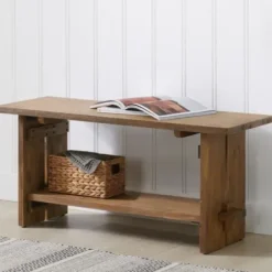 Benches & Ottomans-Kirkland's Home Aged Brown Acacia Wood Board Bench