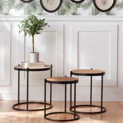 Accent & End Tables-Kirkland's Home Aged Round Wood Top 3-Pc. Accent Table Set Tan/Black