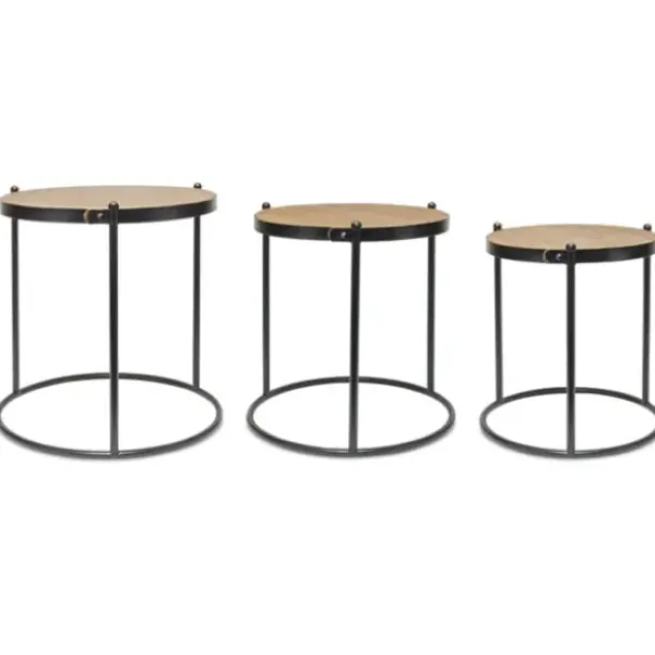 Accent & End Tables-Kirkland's Home Aged Round Wood Top 3-Pc. Accent Table Set Tan/Black