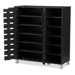 Entryway Furniture-Kirkland's Home Aldrich Black Slatted Shoe Storage Cabinet