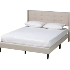 Beds & Headboards-Kirkland's Home Amala Beige Button Tufted Queen Bed Frame Tan