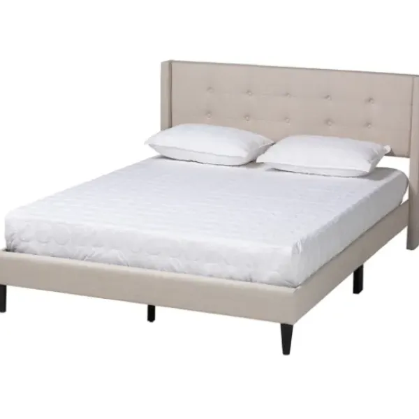 Beds & Headboards-Kirkland's Home Amala Beige Button Tufted Queen Bed Frame Tan