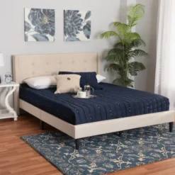 Beds & Headboards-Kirkland's Home Amala Beige Button Tufted Queen Bed Frame Tan