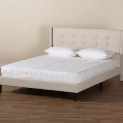 Beds & Headboards-Kirkland's Home Amala Beige Button Tufted Queen Bed Frame Tan