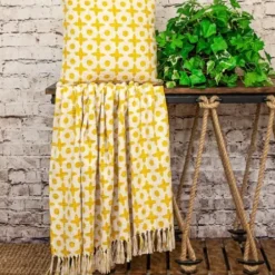 Blankets & Throws-Kirkland's Home And Beige Patterned Fringe Throw Yellow