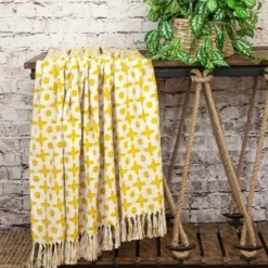 Blankets & Throws-Kirkland's Home And Beige Patterned Fringe Throw Yellow