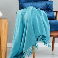 Blankets & Throws-Kirkland's Home Angel Checkered Weave Fringe Throw Blue
