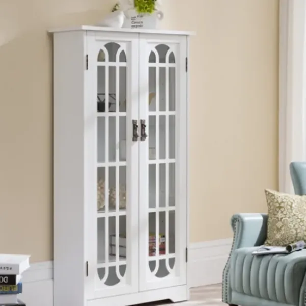 Cabinets & Sideboards-Kirkland's Home Antique White Tall Windowpane Cabinet
