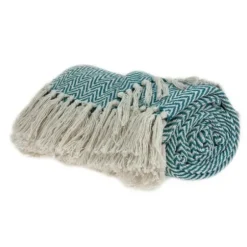 Blankets & Throws-Kirkland's Home Aqua Chevron Cotton Handloomed Tassel Throw Blue