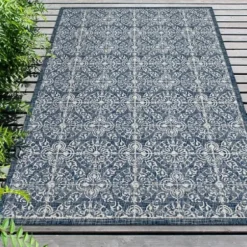 Outdoor Rugs-Kirkland's Home Aqua Forest Leaf Indoor/Outdoor Area Rug, 6X9 Green/White