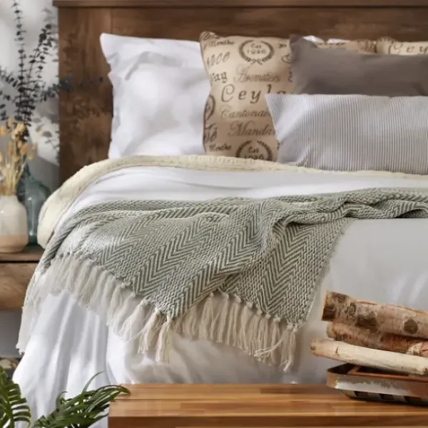 Blankets & Throws-Kirkland's Home Artichoke Herringbone Fringe Throw Green