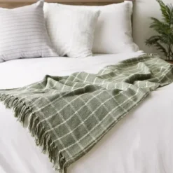 Blankets & Throws-Kirkland's Home Artichoke Plaid Fringed Throw Green