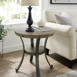 Accent & End Tables-Kirkland's Home Ash Round Nailhead Side Table Gray