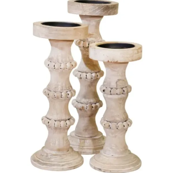 Candle Holders-Kirkland's Home Banded Bead Wood Candle Holder, 13 In. Ivory