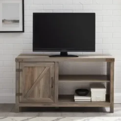 Tv Stands & Media Consoles-Kirkland's Home Barn Door Wash Tv Stand With Open Shelves Gray