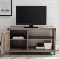 Tv Stands & Media Consoles-Kirkland's Home Barn Door Wash Tv Stand With Open Shelves Gray