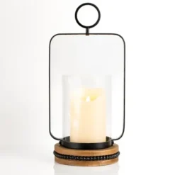 Candle Holders-Kirkland's Home Beaded Trim Wood And Metal Hurricane Brown/Black
