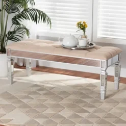 Benches & Ottomans-Kirkland's Home Beige Button Tufted Bench With Mirrored Base Tan