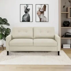 Sofas & Loveseats-Kirkland's Home Beige Button Tufted Sofa Ivory