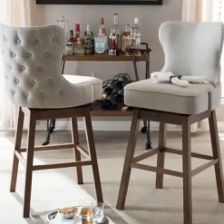 Bar Stools & Counter Height Stools-Kirkland's Home Beige Button Tufted Swivel Bar Stools, Set Of 2 Ivory