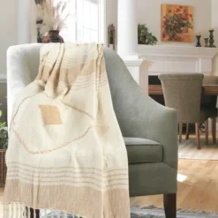 Blankets & Throws-Kirkland's Home Beige Cotton Diamond Geometric Fringe Throw Tan