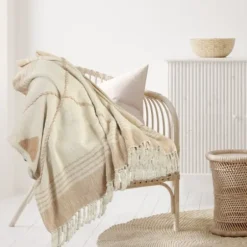 Blankets & Throws-Kirkland's Home Beige Cotton Diamond Geometric Fringe Throw Tan