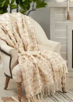 Blankets & Throws-Kirkland's Home Beige Dotted Fringe Throw Blanket Tan