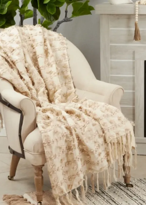 Blankets & Throws-Kirkland's Home Beige Dotted Fringe Throw Blanket Tan