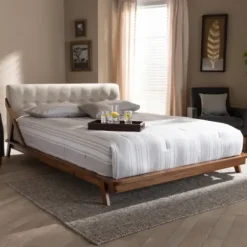 Beds & Headboards-Kirkland's Home Beige Tufted And Natural Walnut Full Platform Bed Tan