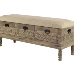 Benches & Ottomans-Kirkland's Home Beige Upholstered Acanthus Carved Wooden Bench Tan