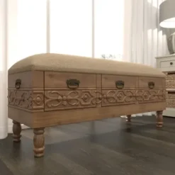 Benches & Ottomans-Kirkland's Home Beige Upholstered Acanthus Carved Wooden Bench Tan