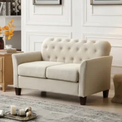 Sofas & Loveseats-Kirkland's Home Beige Upholstered Button Tufted Loveseat Tan