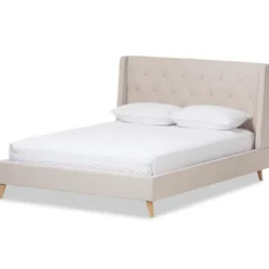 Beds & Headboards-Kirkland's Home Beige Upholstered Wingback Queen Platform Bed Ivory