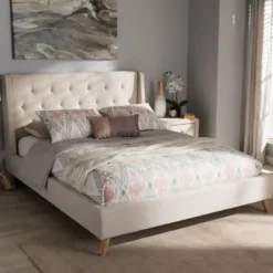 Beds & Headboards-Kirkland's Home Beige Upholstered Wingback Queen Platform Bed Ivory
