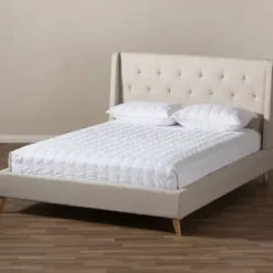 Beds & Headboards-Kirkland's Home Beige Upholstered Wingback Queen Platform Bed Ivory