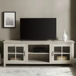 Tv Stands & Media Consoles-Kirkland's Home Birch Wood And Glass Door Tv Stand White