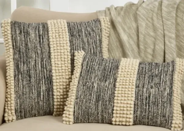 Pillows-Kirkland's Home Black And Natural Pom Pom Stripe Lumbar Pillow Black/Tan