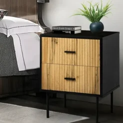 Nightstands-Kirkland's Home Black And Natural Wood 2-Drawer Nightstand