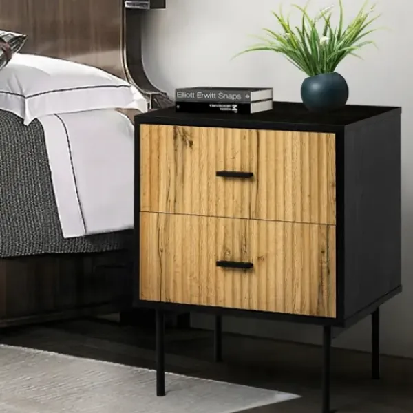 Nightstands-Kirkland's Home Black And Natural Wood 2-Drawer Nightstand