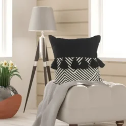 Pillows-Kirkland's Home Black And White Chevron Pillow With Tassels Black/White
