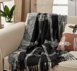 Blankets & Throws-Kirkland's Home Black And White Plaid Fringed Throw Black/White