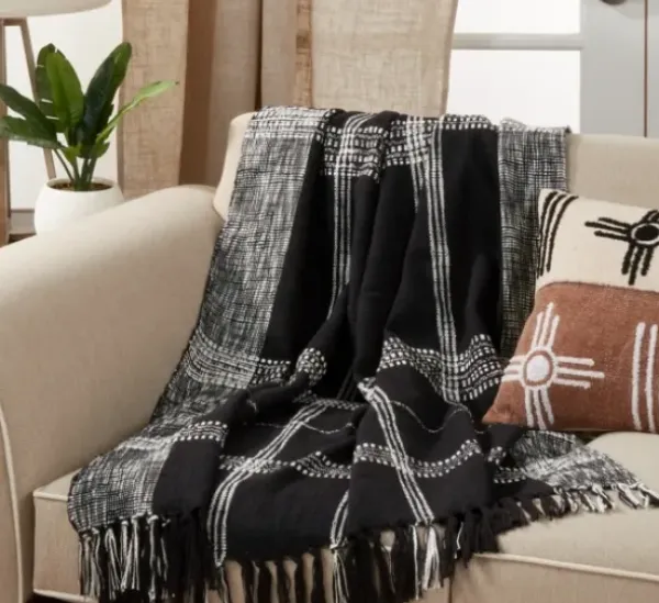 Blankets & Throws-Kirkland's Home Black And White Plaid Fringed Throw Black/White