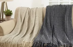 Blankets & Throws-Kirkland's Home Black And White Stitched Cotton Throw Black/White