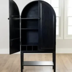 Cabinets & Sideboards-Kirkland's Home Black Arch Wood Bar Cabinet