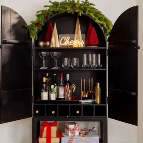 Cabinets & Sideboards-Kirkland's Home Black Arch Wood Bar Cabinet