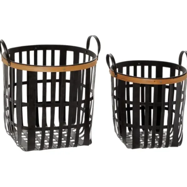 Baskets & Boxes-Kirkland's Home Black Bamboo Metal Woven Baskets, Set Of 2 Black/Brown