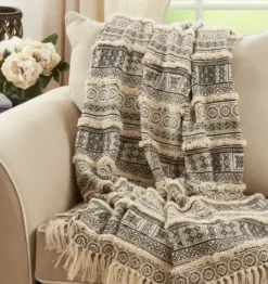 Blankets & Throws-Kirkland's Home Black Beige Block Print Throw Blanket Black/Tan
