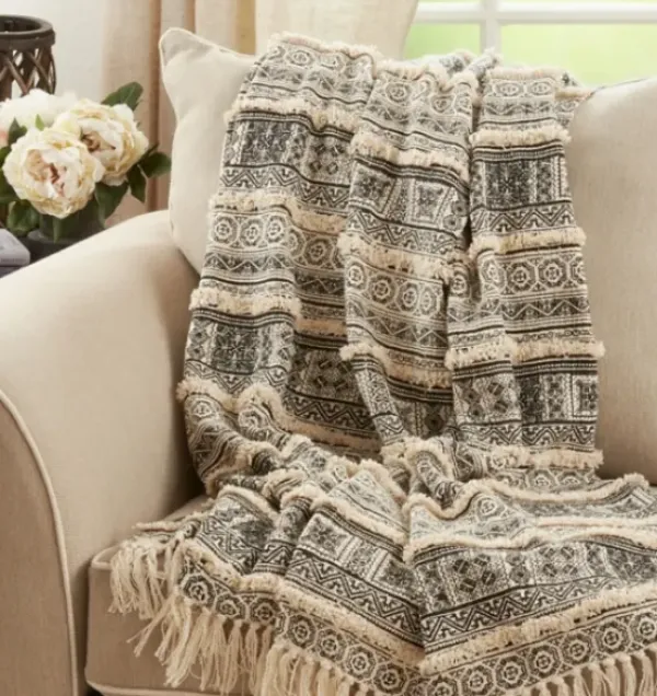 Blankets & Throws-Kirkland's Home Black Beige Block Print Throw Blanket Black/Tan