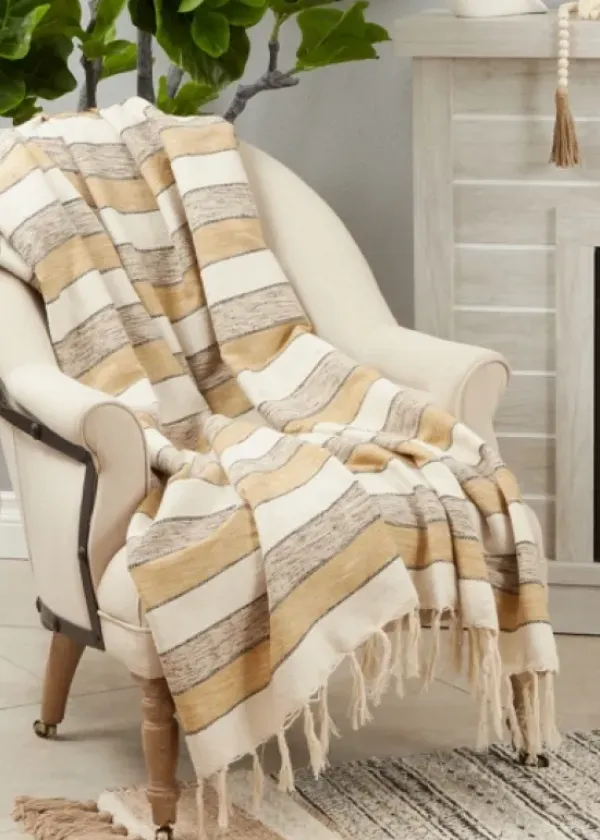 Blankets & Throws-Kirkland's Home Black Beige With Fringe Throw Blanket Yellow