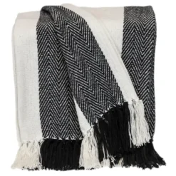 Blankets & Throws-Kirkland's Home Black Chalet Striped Fringe Throw Black/White